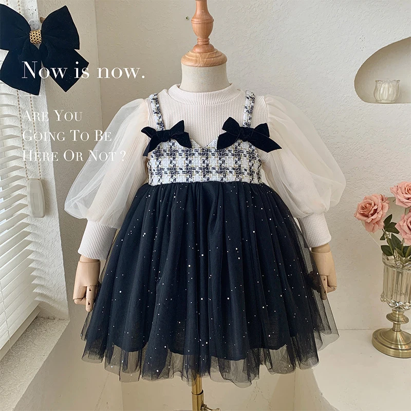 Princess Girls Dresses Long Sleeve Bow Tulle Dress for Baby Girls Spring Autumn Lace Dress Party Vestido Children Casual Clothes