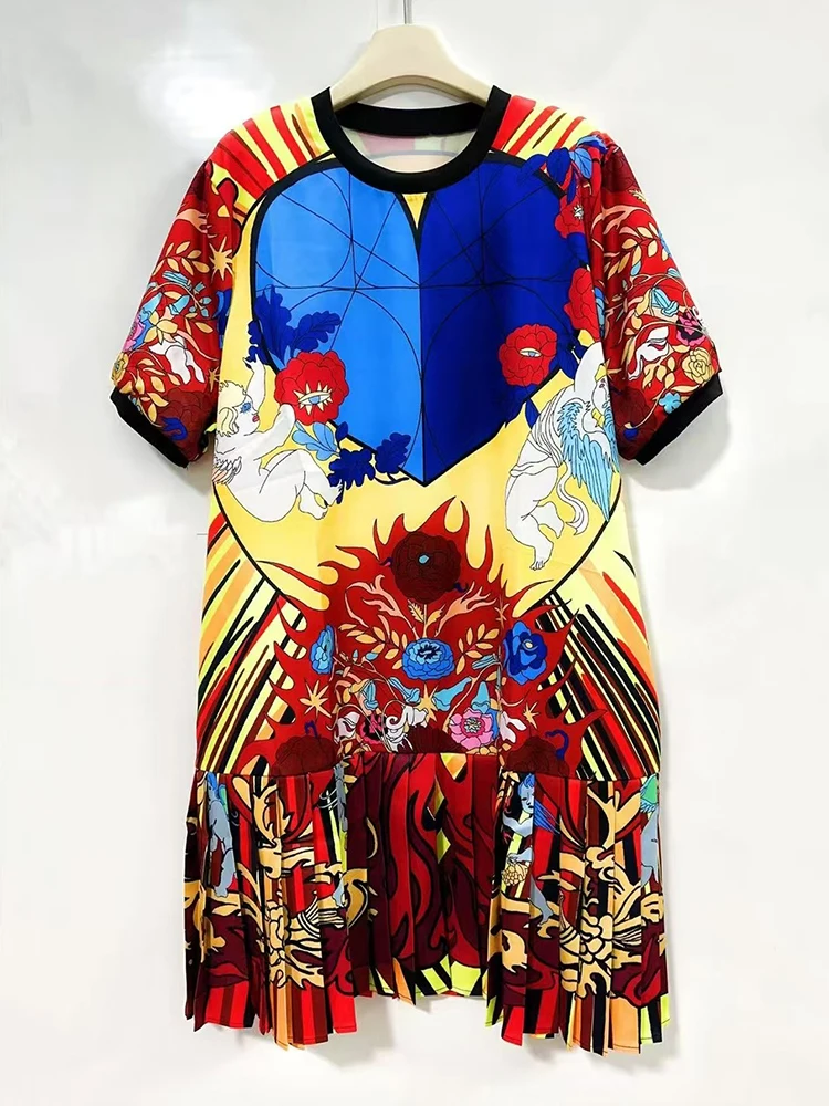 Designer retro impressão geométrica em torno do pescoço pulôver camiseta vestido 2025 verão vestido feminino solto plissado saia inchada