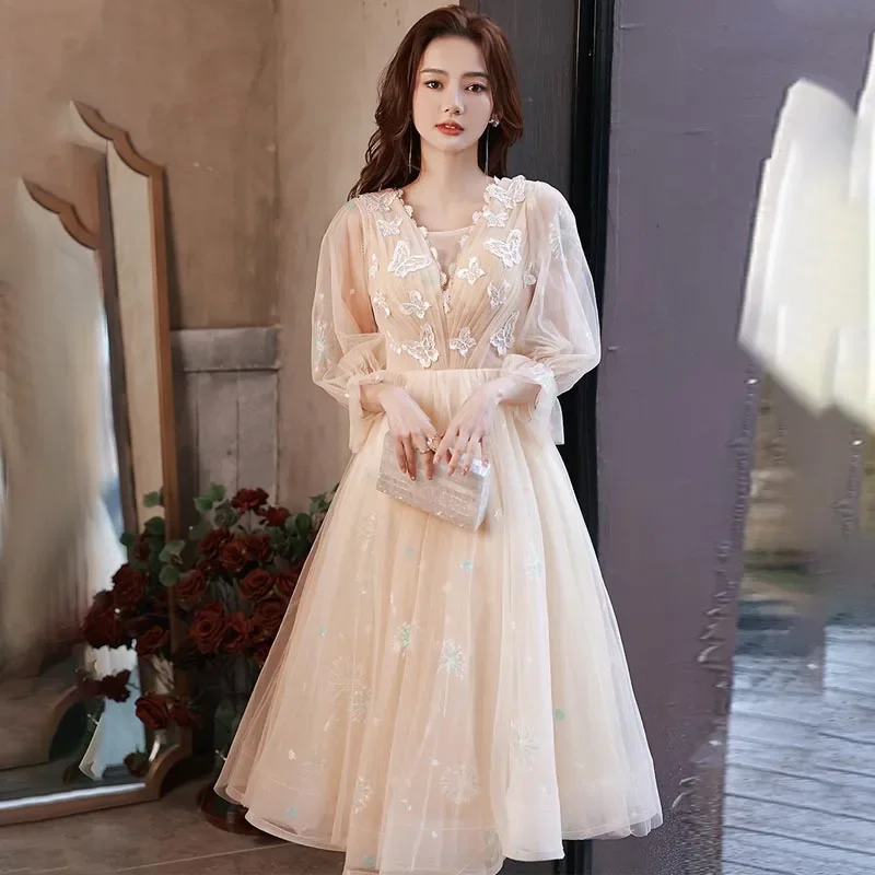 It's Yiiya Customized Evening Dress Champagne Butterfly O-neck 3/4 Sleeves Tea-Length A-Line Plus size Woman Formal Party Gowns