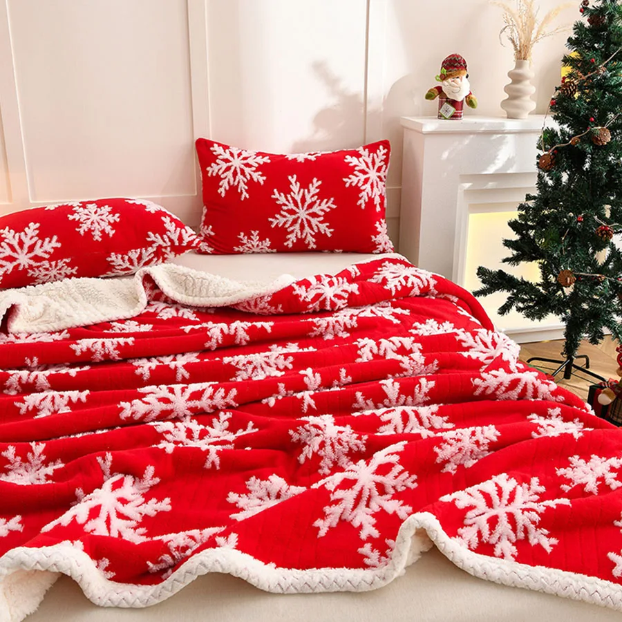 2026 New Christmas Snowflake Fleece Blanket Double Layer Thick Warm Throws Blankets for Sofa Bed Autumn Winter Faux Wool Blanket