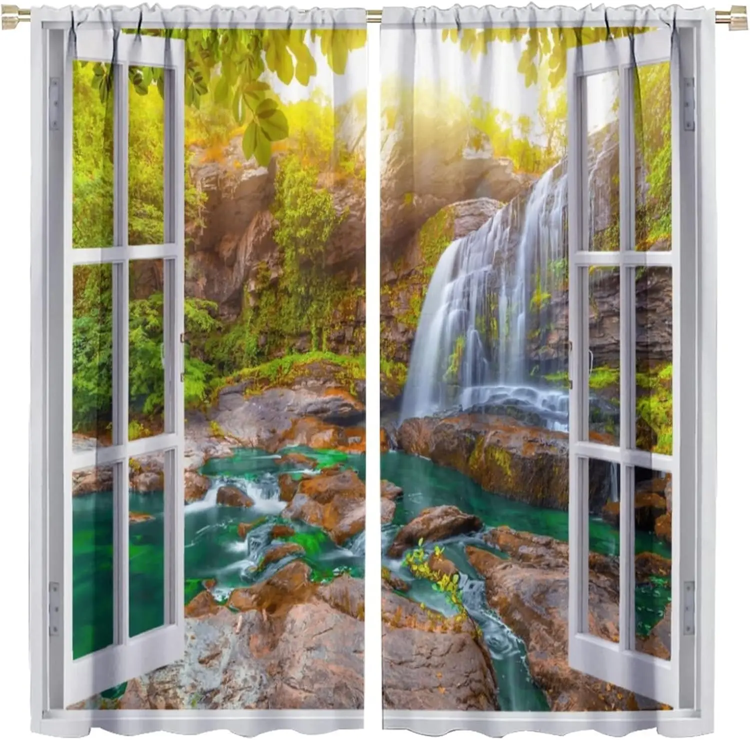 Landscape Curtains,Nature Spring Scenery View Window Forest Waterfall Landscape Scenic 3D Printed Window Treatments for Bedroom