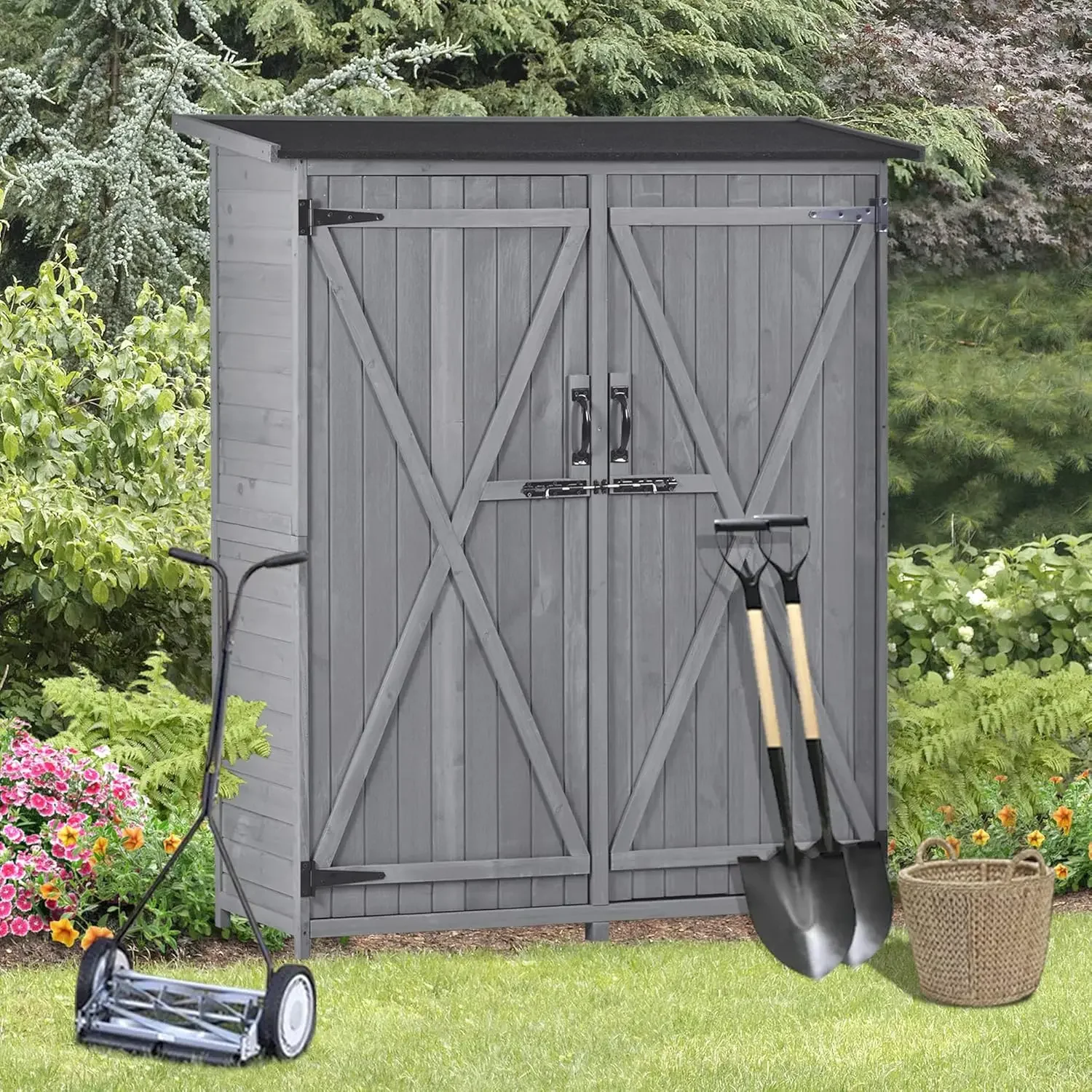 

Outdoor Wooden Storage Cabinet Waterproof, Garden Tool Shed With 3-Tier Shelves, Outside Vertical Shed With 2 Double Doors