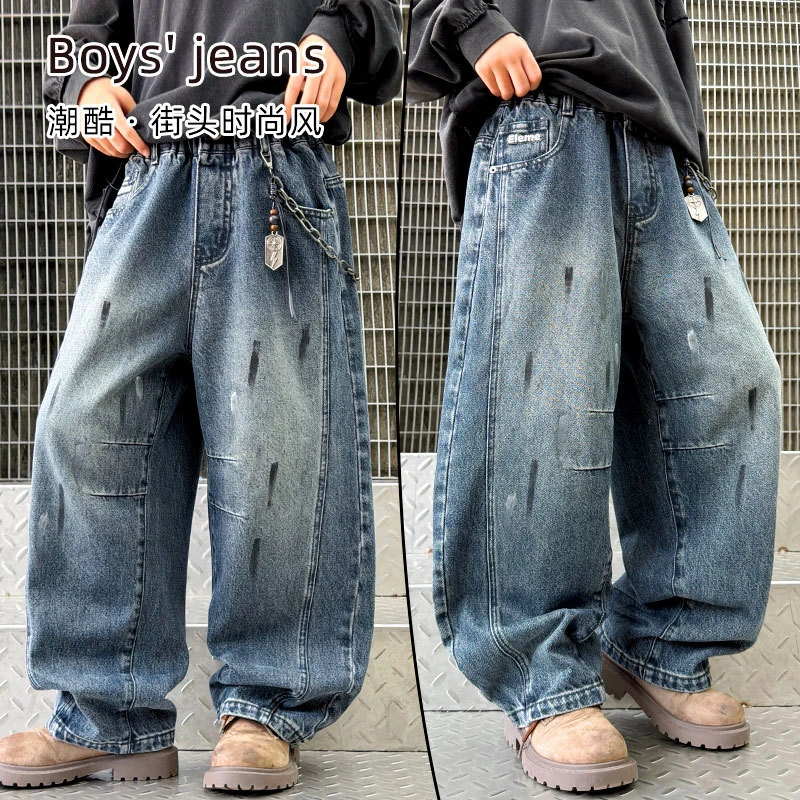 Autumn Boys Casual Graffiti Streetwear Jeans Soft Denim Loose Trousers for Spring Kids Fashionable Clothing For 5-14 Years