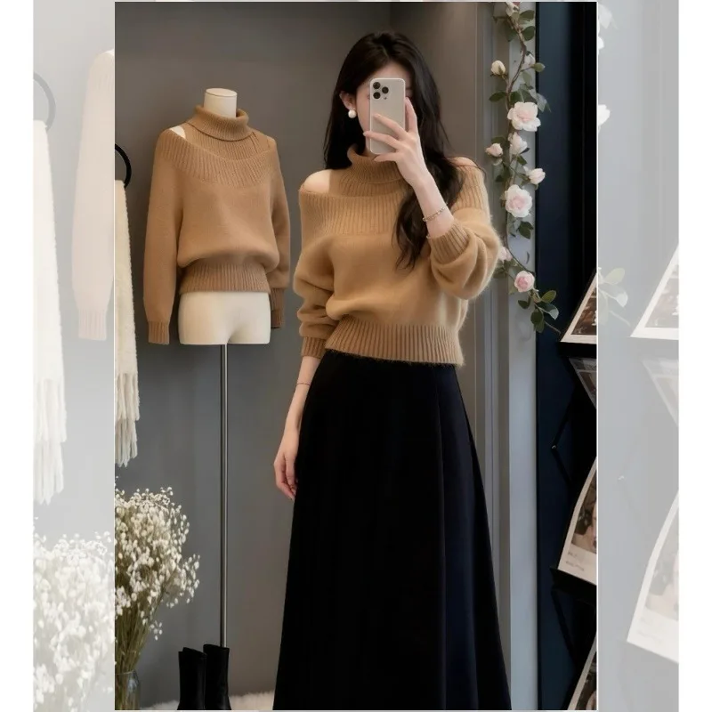 Women Comfortable Soft Wool Turtleneck Elastic Slim Pullovers Autumn Winter Fashion Off-shoulder Short Style Knitted Sweaters