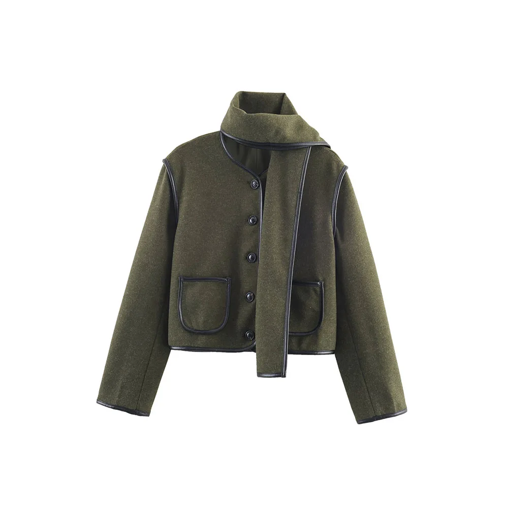 

Autumn and winter new women's fashion versatile woolen PU wrapped scarf jacket