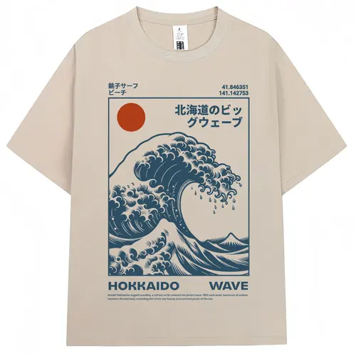 Imagen 1 del producto Camiseta Vintage de estilo japonés Hokkaido Wave para hombre y mujer, camisetas de moda Harajuku de alta calidad, camiseta de verano de algodón de gran tamaño