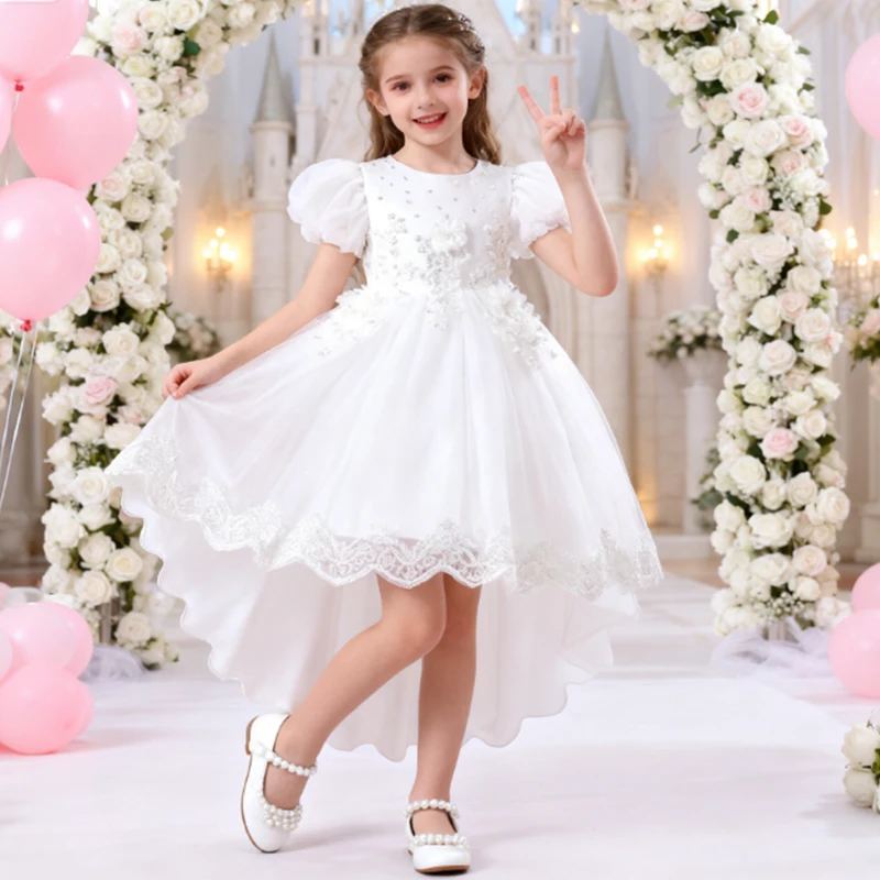 Elegant Dress For Girl White Wedding Embroidery Gown Girl Elegant Princess Dress Birthday Party Pageant Formal Festive Dress