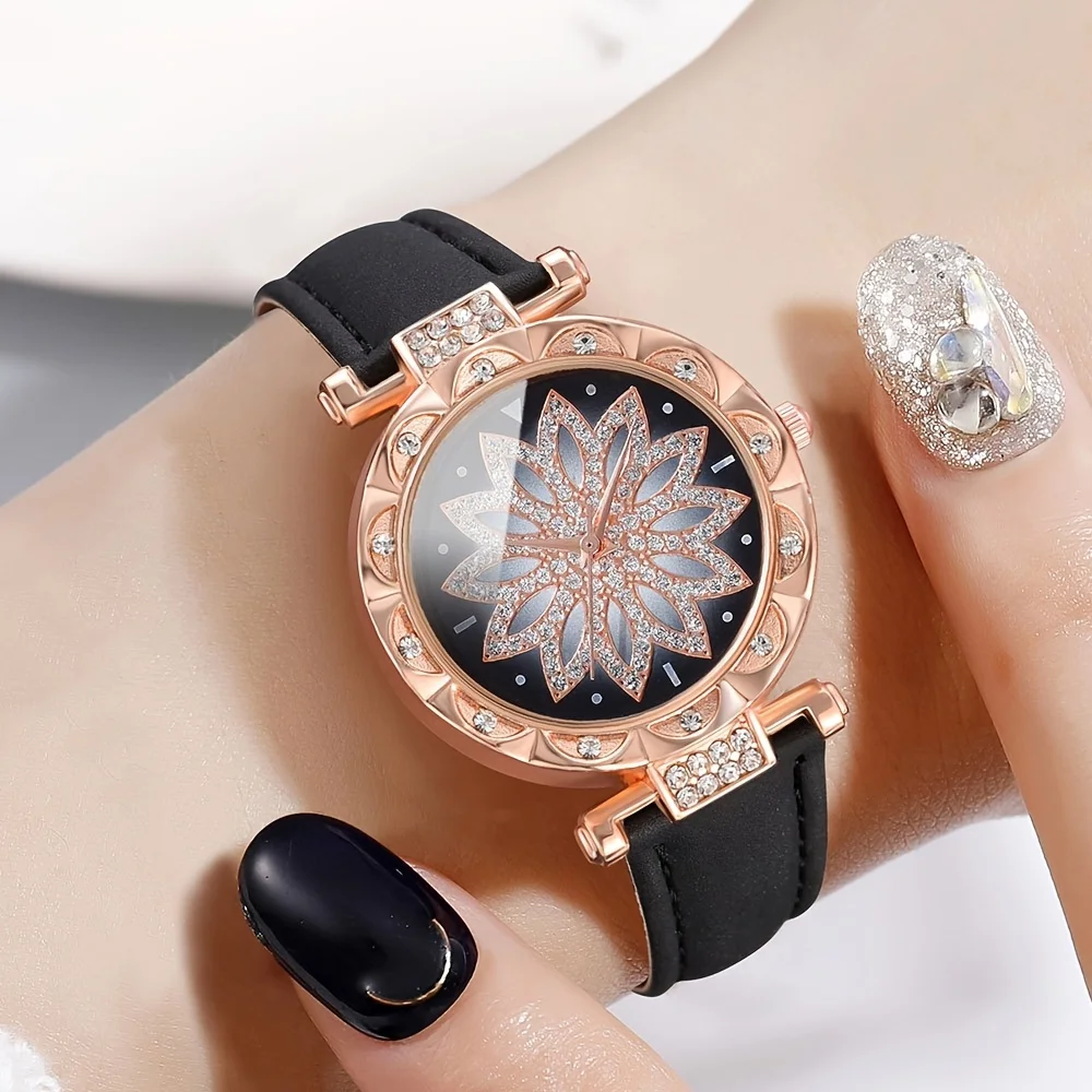 2 Stuks Vrouwen Glanzende Strass Quartz Horloge Bloem Quartz Horloge Met Sieraden Set Perfect Cadeau Voor Mama