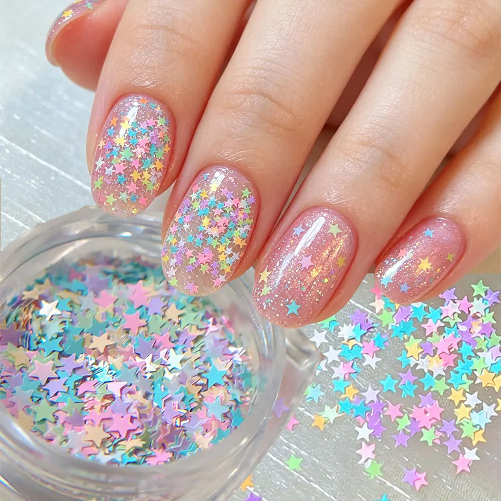 1jar 2mm Macaron Color Star Nail Glitter Sequins  Pastel Sparkly Iridescent Five-pointed Star Flakes Shiny Paillette Nail Decor