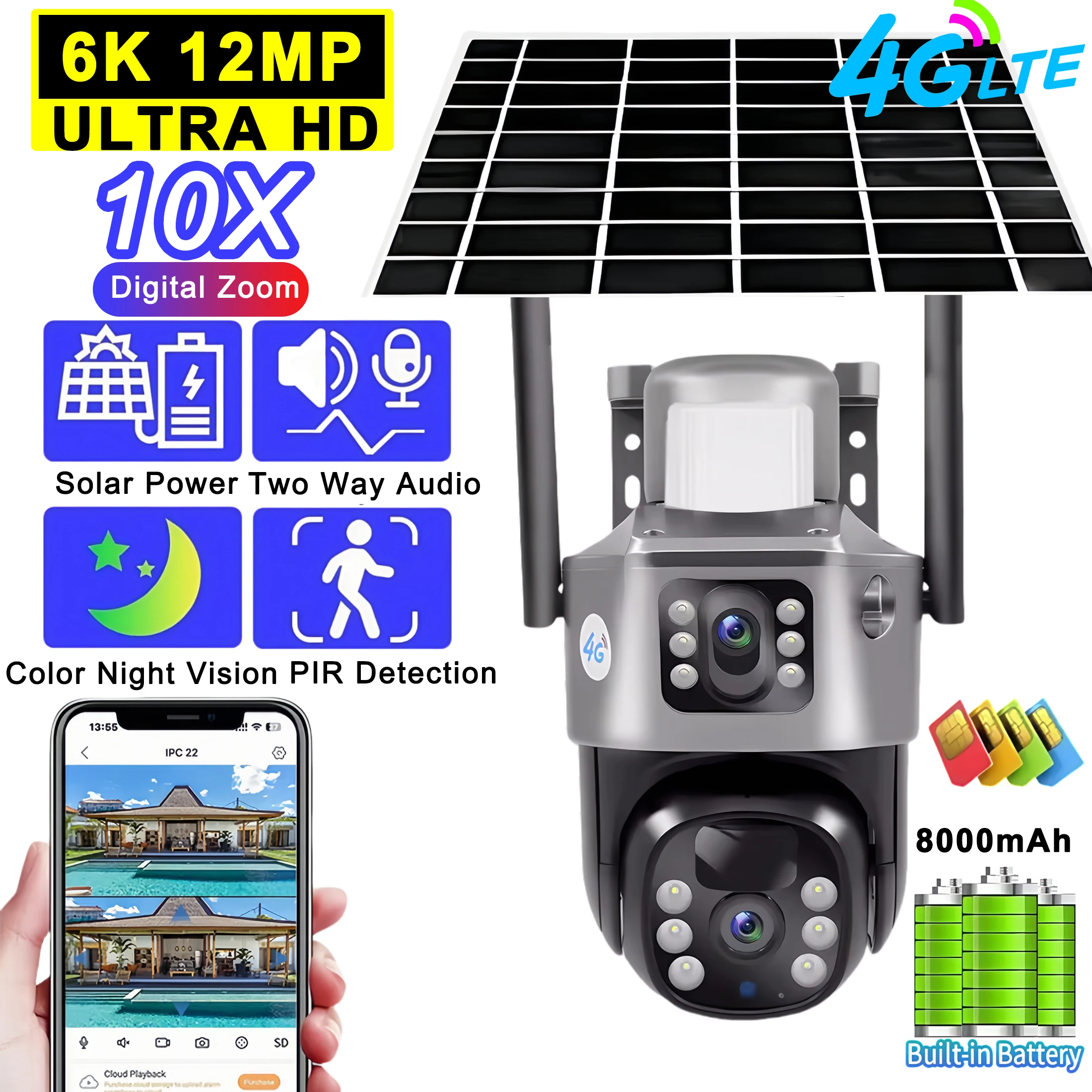V380 4G Outdoor Solar Kamera 8MP 4K Dual Objektiv HD Nachtsicht Sicherheit Schutz Eingebaute