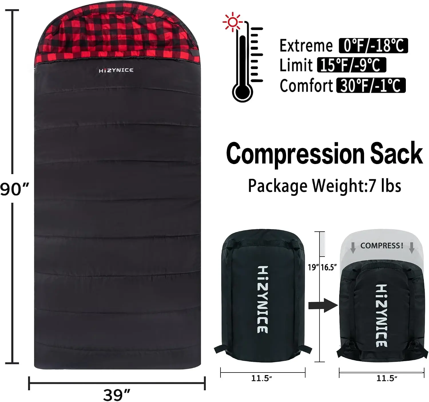 Cold Weather Sleeping Bag 100% Cotton Flannel XXL for Adults Big and Tall,Free Compression Sack