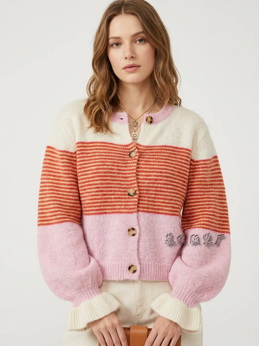Kawaii Color Block Patchwork Striped Knitted Cardigan Contrasting Color Casual Loose Soft Plush Knitted Women's Sweater Jacket 5