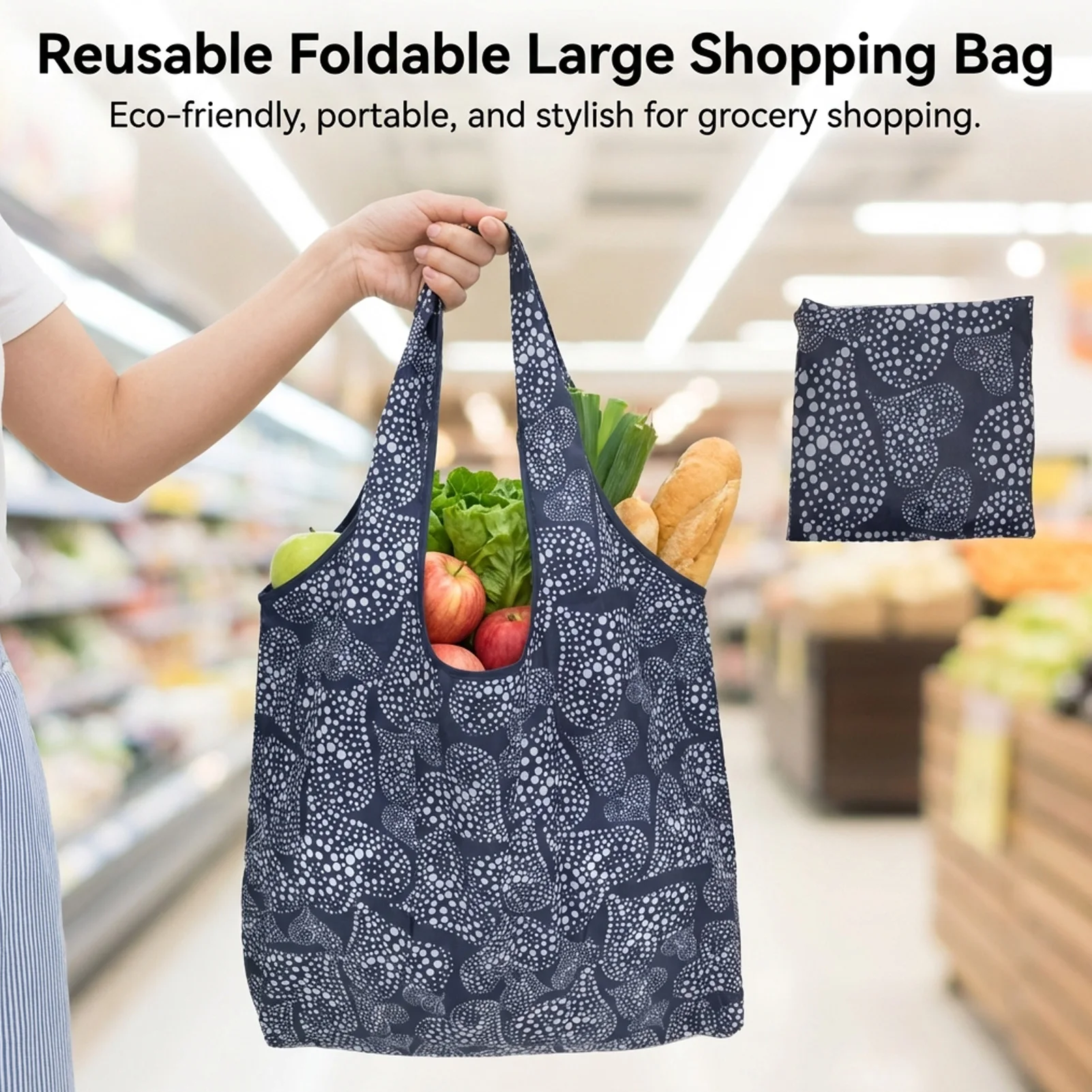 Large Capacity Eco-Friendly Foldable Shopping Bag Reusable Tote with Print Design for Supermarket Use Portable Carry Handle