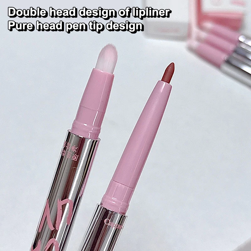 1PCS Double-headed Nude Matte Lip Liner With Fluffy Lip Brush Lip Makeup Long Last Velvet Matte Mist Lipstick