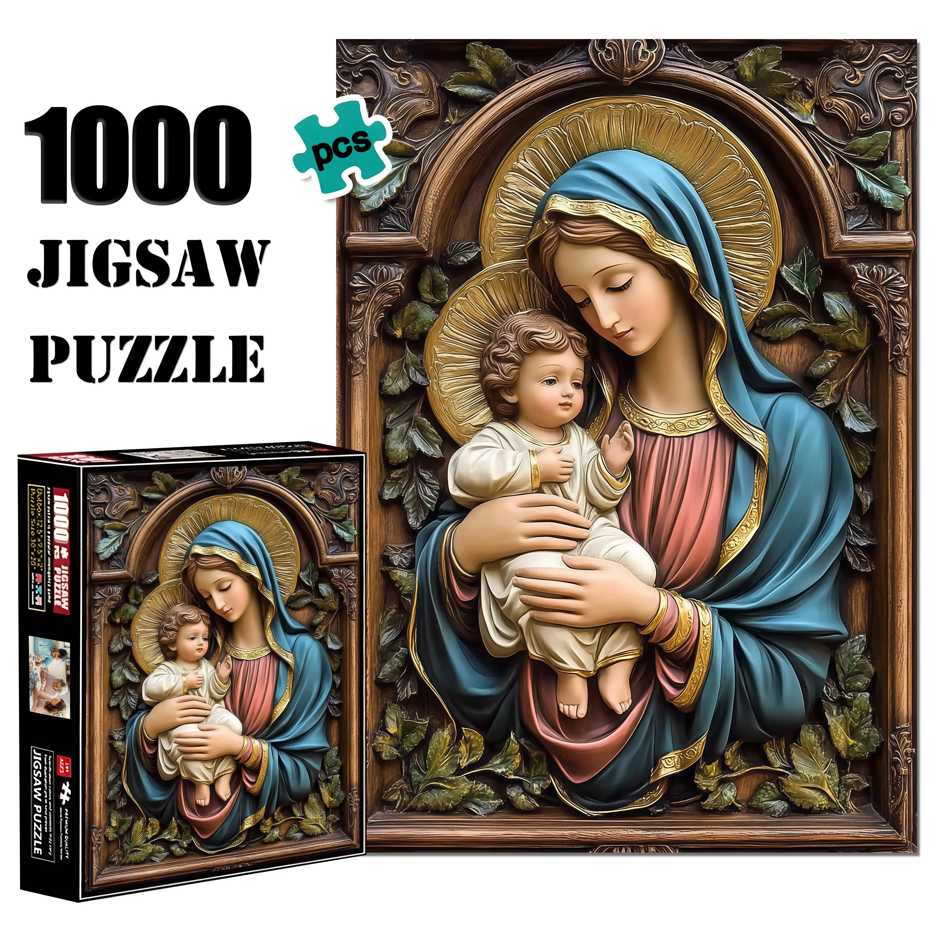 1000 Stück Jungfrau Maria mit Jesus-Puzzle – dickes Papier, religiöse Kunst, dekoratives Puzzle mit aufwendigem Blumenmuster, Br