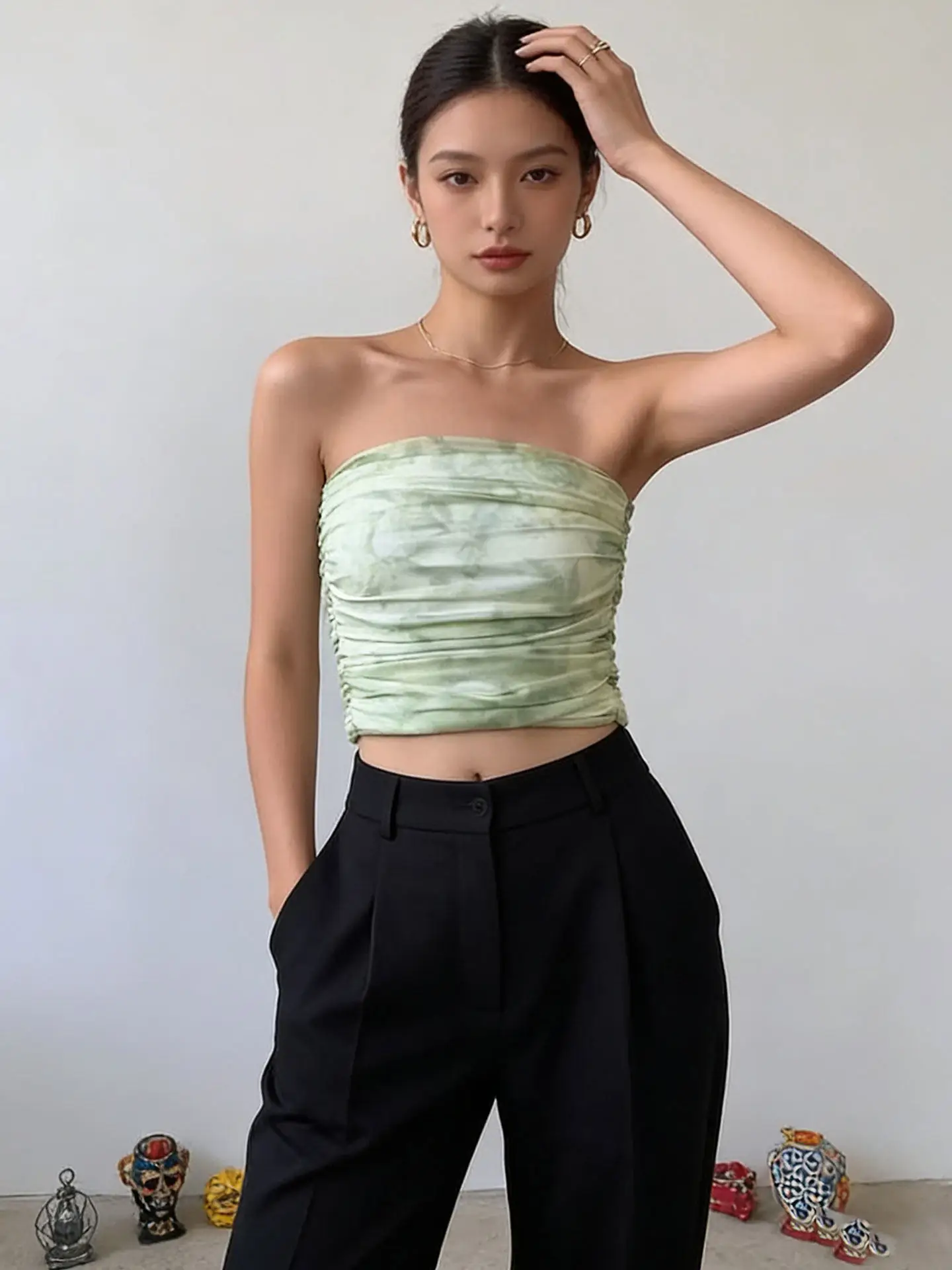 Tie-Dye Mesh Crop Top Women's Outerwear Sexy Backless Blouse Short Style Inner Match Polyester Fiber High Elasticity