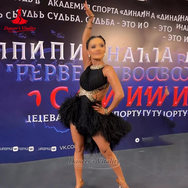 Sleeveless Latin Dance Dresses for Adult Teenager Chacha Samba Rumba Jive Contest Feather Style Clothes Custom Dancer's Vitality