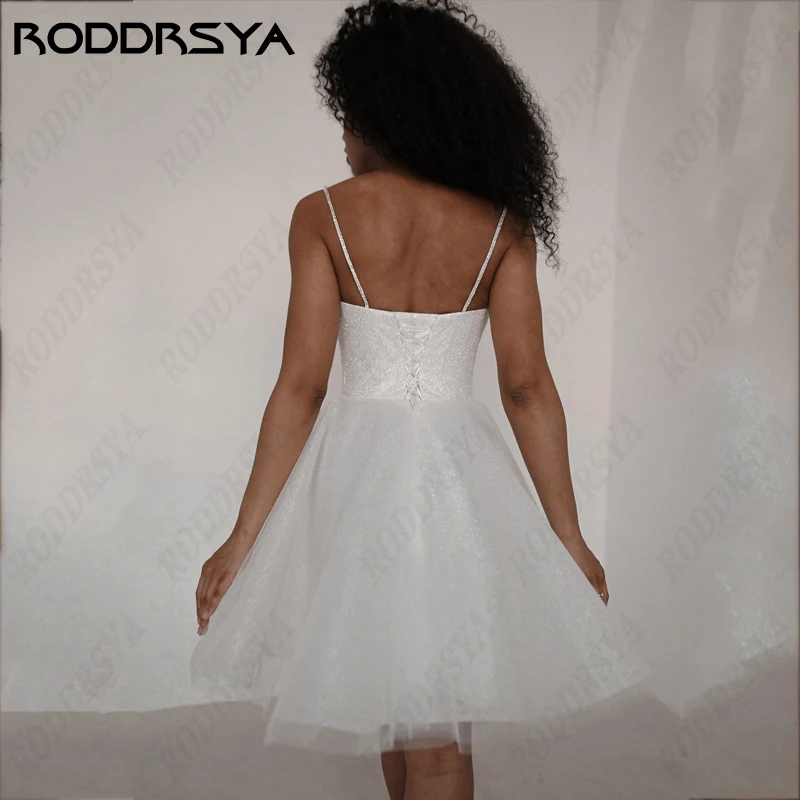 RODDRSYA Simple Short Wedding Dress For Women Sexy V-Neck Spaghetti Strap Robe De Mariée Illusion Lace Up Backless Bride Party