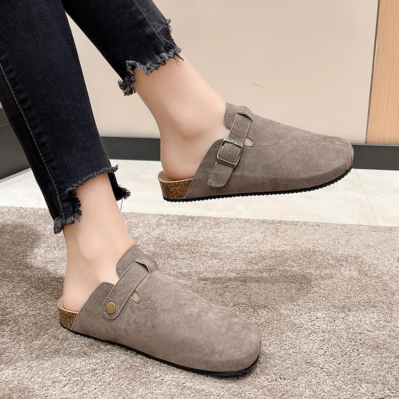 Halbschleppsandalen, Clogs für Damen, modische Pantoletten aus Kork-Wildleder, klassische rutschfeste Kork-Hausschuhe für Outdoor-Hausschuhe mit Fußgewölbe