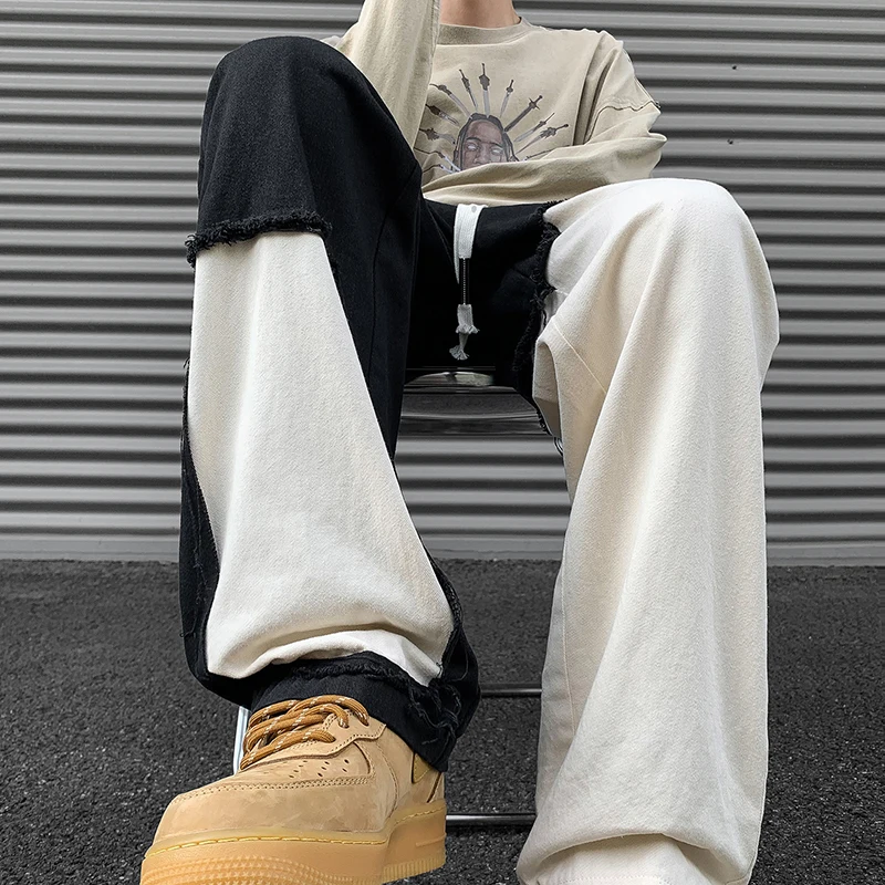 College Style Men's Patchwork Trousers Loose Casual Fashion Man Jeans Hip Hop Street Straight Leg Pants