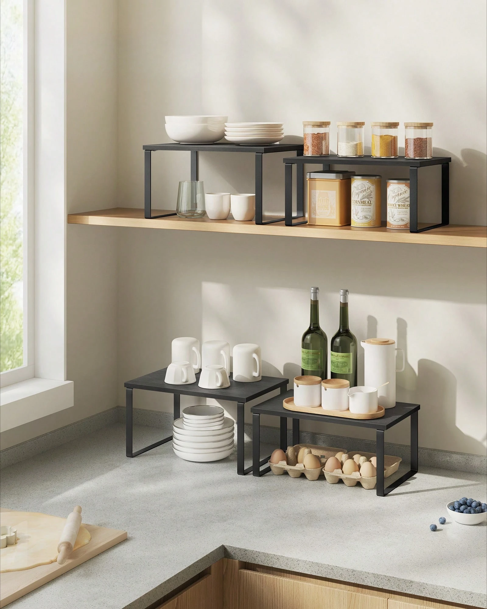 2 Pack Cabinet Organizer Shelf Stackable Kitchen Counter Shelves Modern Ink Black Spice Rack Metal And Engineered Wood Expandable Shelf Riser For Kitchen Countertop Pantry Cupboard Bathroom Desktop Housewarming Gift