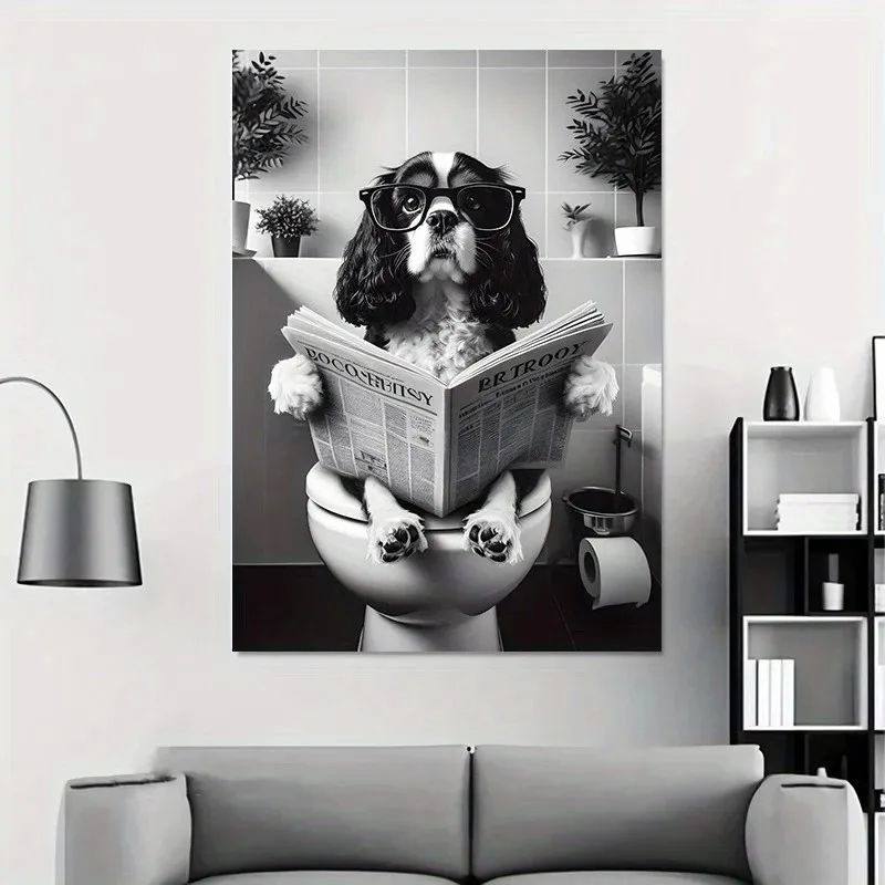 Knight Charles King Beagle Canvas Painting - Creative Black and White Dog Bathroom Wall Decoration, for Living Room, Home Dec