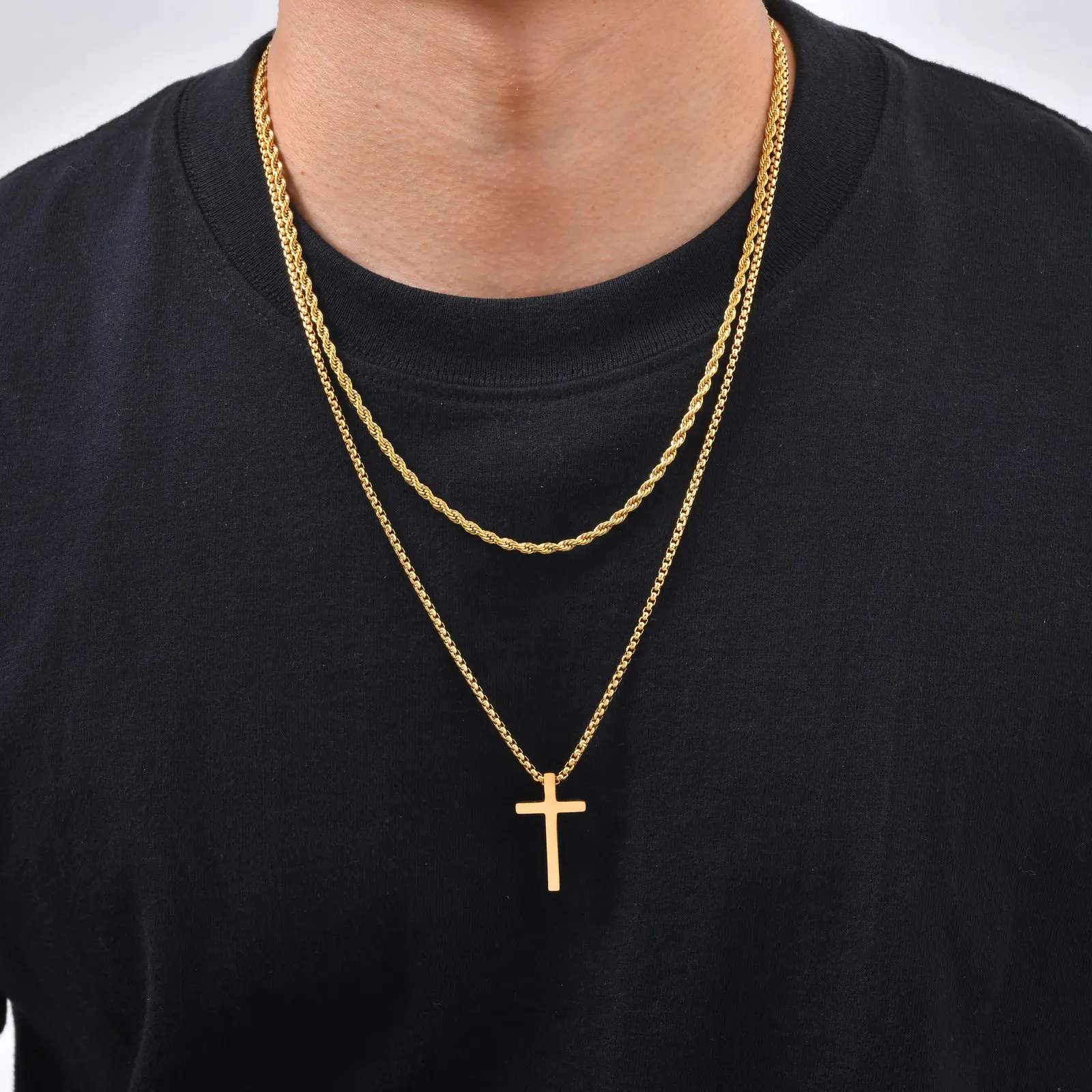 Vnox Mehrschichtige Kreuz-Halskette, Edelstahl-Mehrfachketten-Halsketten mit gedrehtem Panzerketten-Anhänger, Hip-Hop-Schmuck mit religiösem Motiv für Männer. – Detail 19