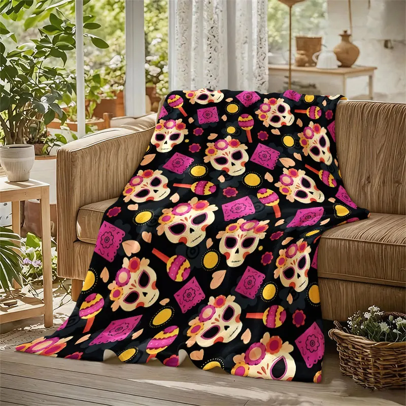 Sugar Skull Fiesta Flannel Blanket Warm Soft Halloween Christmas Decorative Couch Warm Cozy All-Season Gift