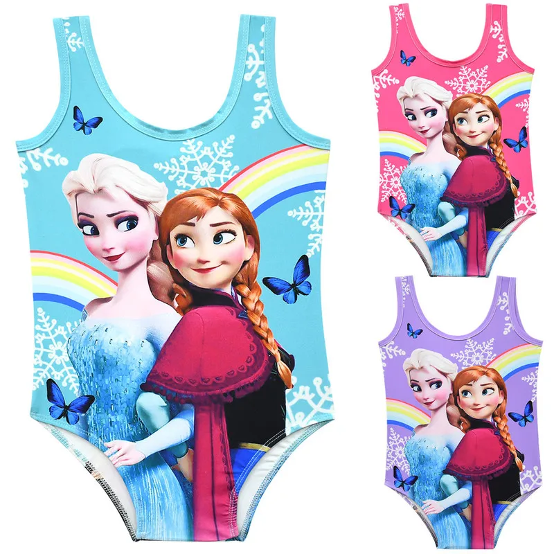 Kids Girls Swimwear Swimsuit Cartoon  Frozen Kawaii Vest One-piece Swimsuit With Big Bow On The Back 100cm-140cm Girl Learn Swim