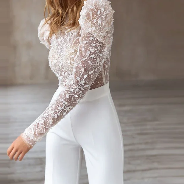 Women White Jumpsuit Rompers Lace Long Overalls Trench Spring Autumn Fall Formal Party Cluwear Elegant Outfits Work Jumpsuits