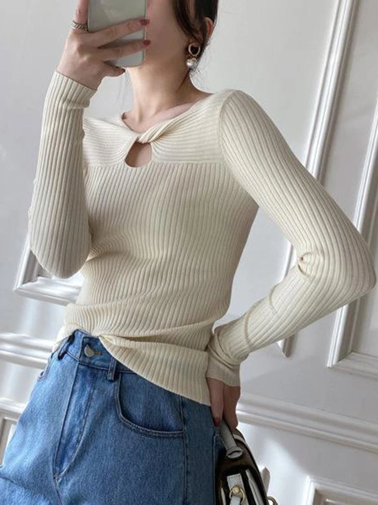 Twist Hollow-out Sweater Women Jumpers Solid Autumn Winter Soft Warm Woman Sweater Knitted Basic Slim Pullovers V-neck Tops