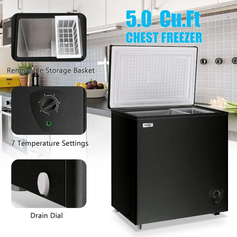 5.0 Cu.Ft Chest Freezer, Small Deep Freezer Black Top Door, Mini Freezer with Removable Basket and 7 Adjustable Temperature