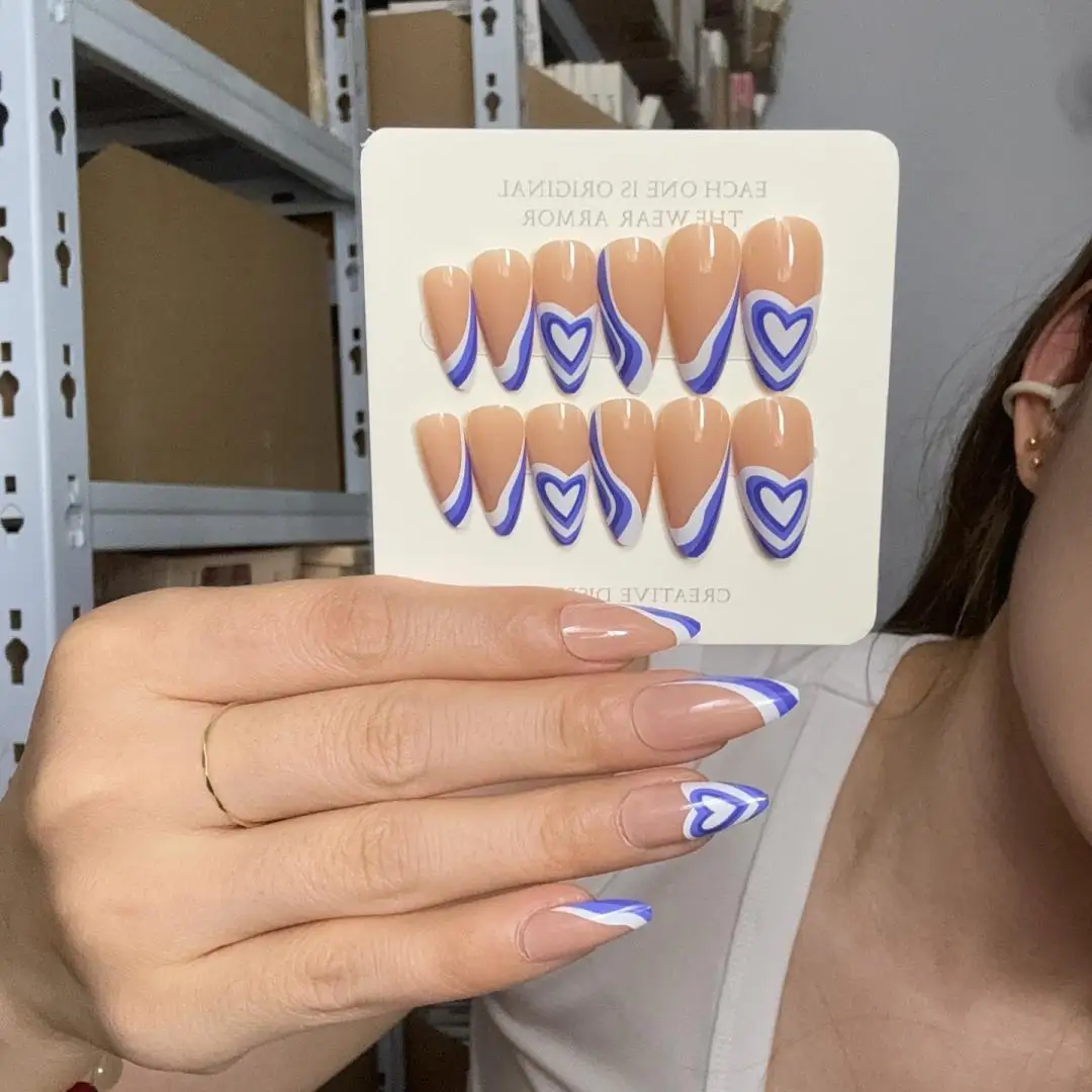 24pcs/box Medium-long Blue Lines False Nail Set Almond Press on Nails Tips Full Cover Removable Acrylic Wearable Fake Nails Art