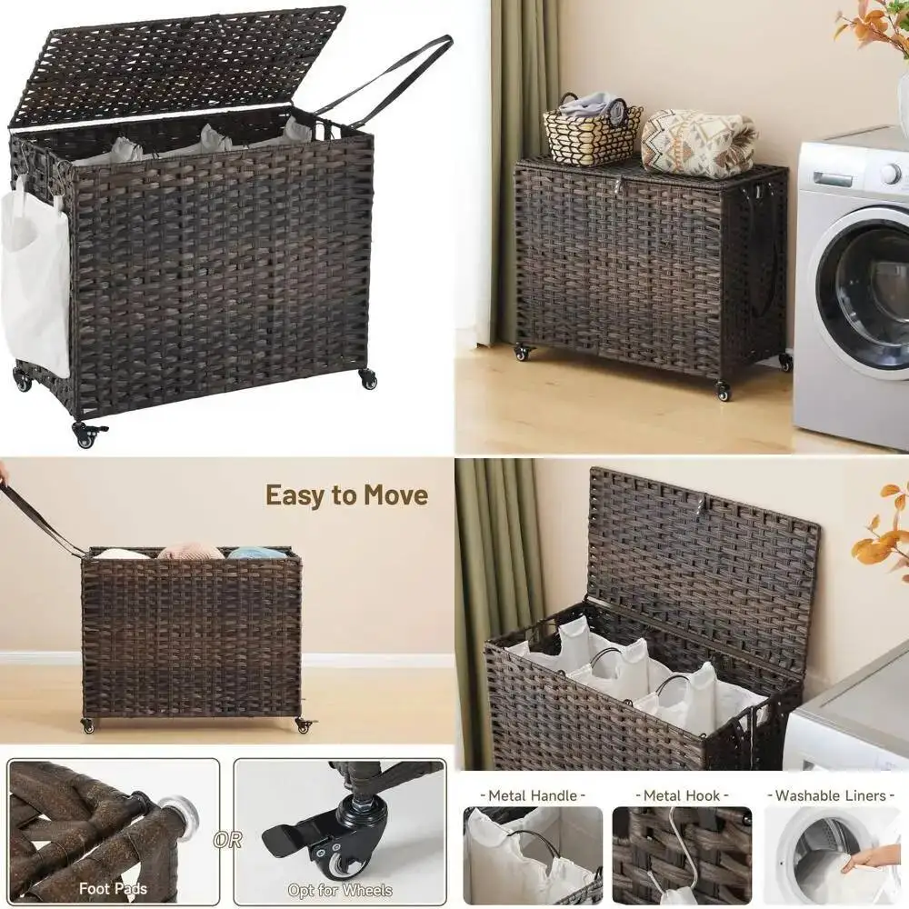 

Rolling 200L 3-Section Laundry Basket With Removable Liners And Lid