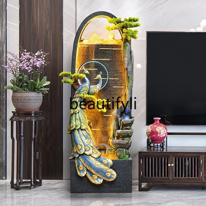 

SS S7486 Rockery peacock flowing water fountain ornament circulating water living room floor entrance water curtain wall