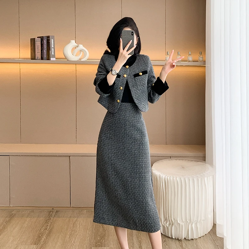 Luxury Korean Fashion Vintage Women Autumn Winter Tweed 2 Piece Set Short Coat Outwer+Casual Party Long Skirts Sets