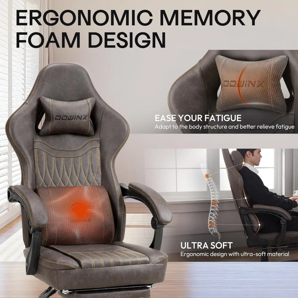 كرسي ألعاب Dowinx قابل للتنفس من جلد البولي يوريثان مع مسند للقدمين ودعم قطني للتدليك، كرسي مريح كبير وطويل القامة #5