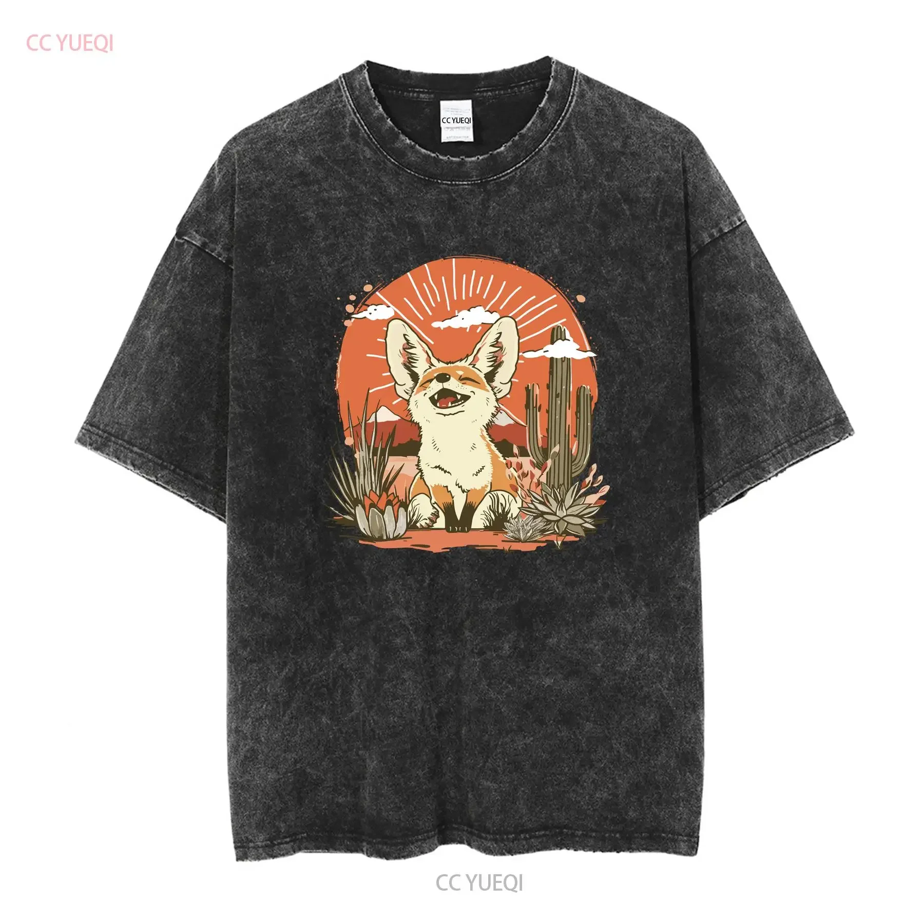 Desert Fennec Fox T Shirt Wild West Top Vintage Grunge Summer Cactus Lover s long or short sleeves vintage Washed Versatile
