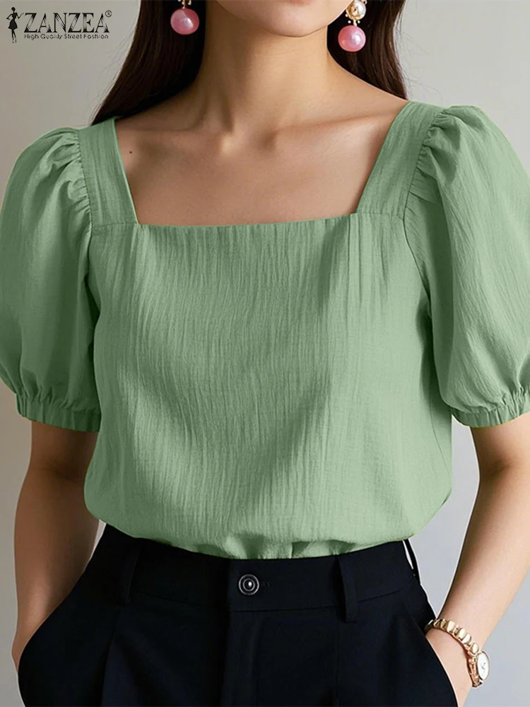 

ZANZEA Woman Elegant Blouses Fashion Short Puff Sleeve Solid Color Square Neck Blusas Mujer Crinkled Texture Summer Smock Tops