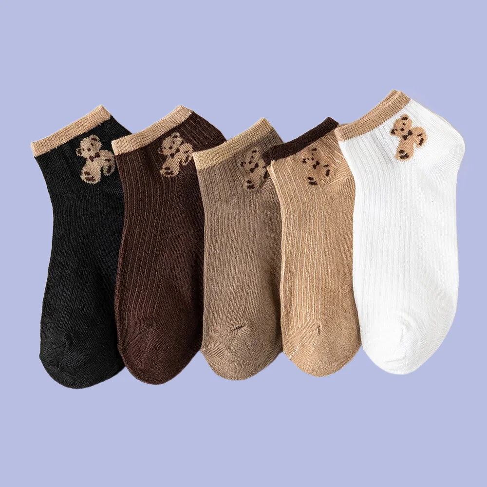 5 Pairs of Cute Teddy Bear WOMEN'S Short Socks with Shallow Mouthed Spring and Summer Casual Matching Short Tube Socks