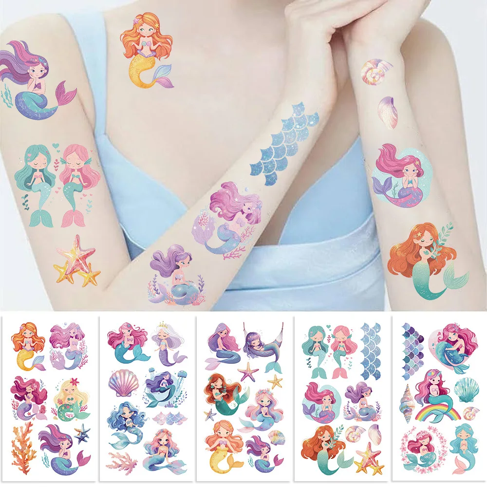 10 Sheets Mermaid Temporary Tattoo Stickers For Girls Waterproof Shells Starfish Jellyfish Tattoo Stickers Fake Tattoo for Women