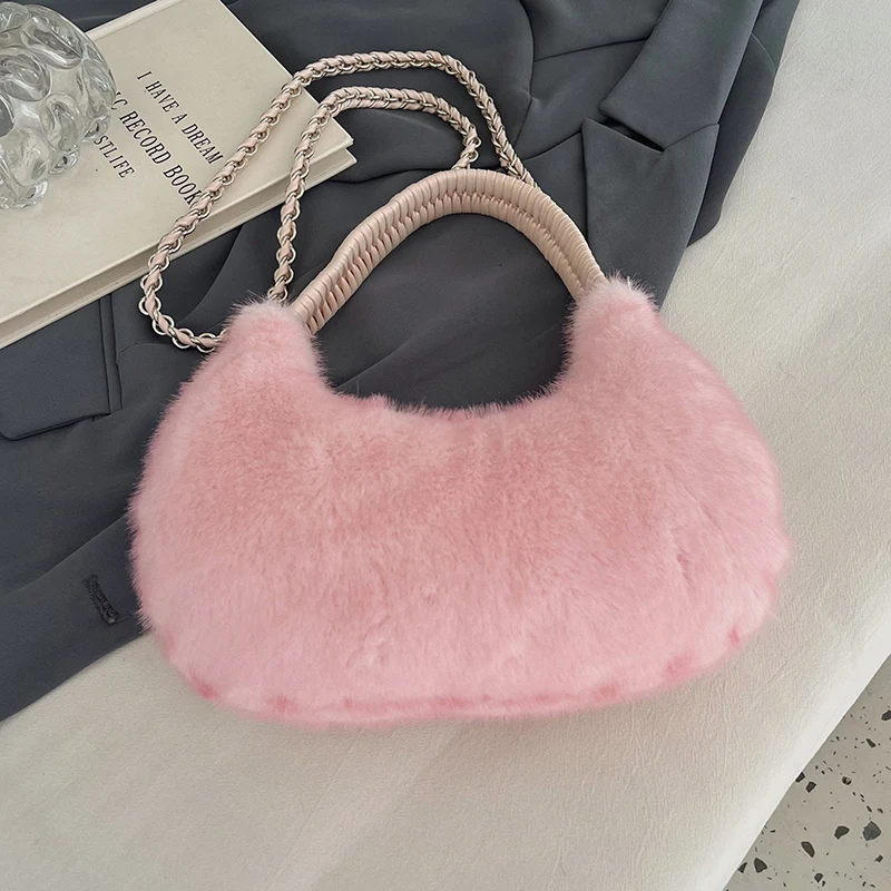 Halbmond-Design Lammwoll-Handtasche Clutch für Damen 2026 Winter Weiche Flauschige Handtasche Halbkreis-Plüsch-Umhängetasche Bolsa – Detail 11