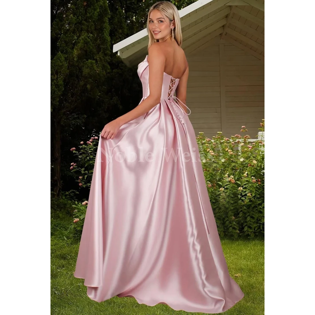 Women's Satin Prom Dresses with Slit A-Line Pockets O-Neck Evening Dresses Pleated Corset Formal Gowns Customize image 2