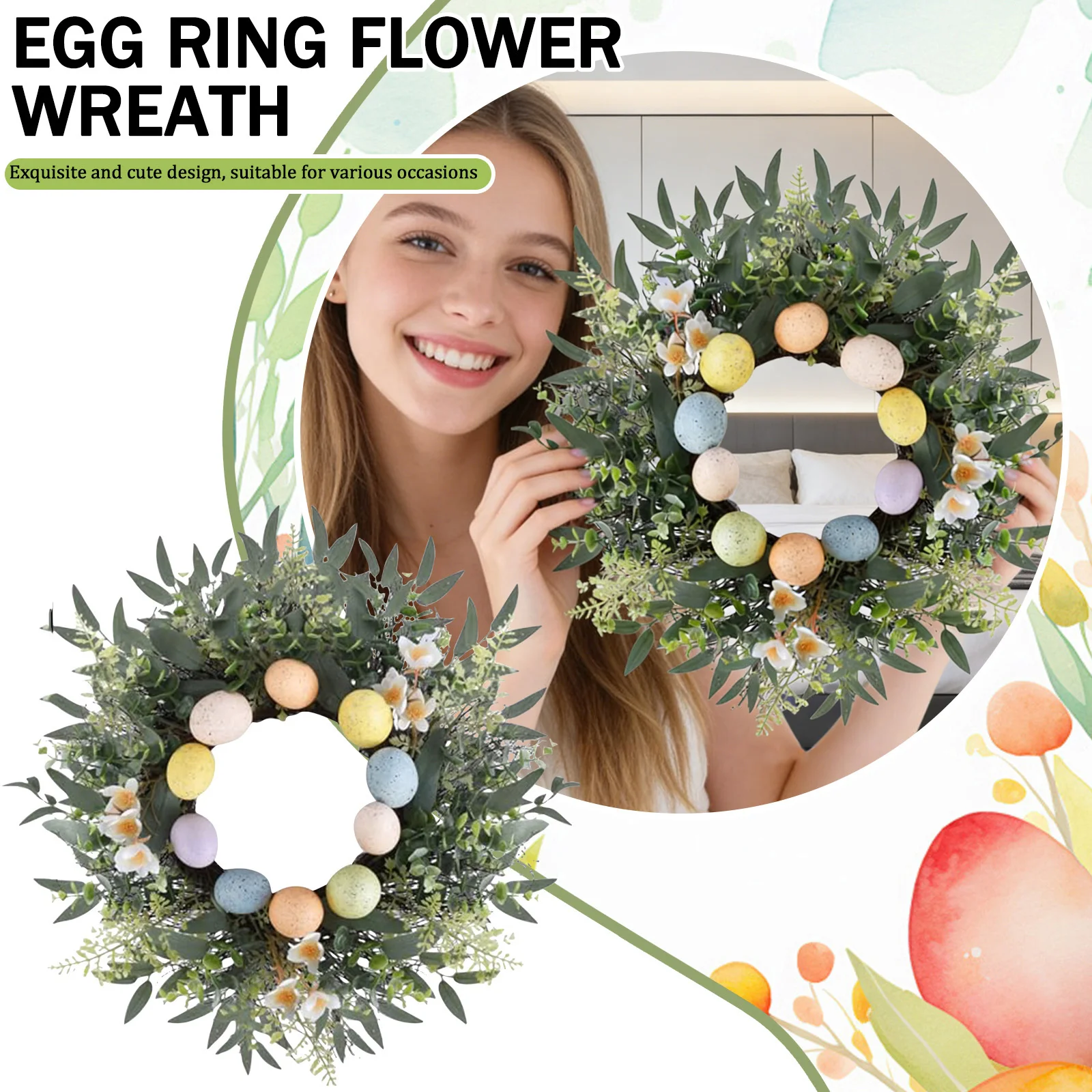 

Easter Wreath With Decorative Eggs Floral Artificial Foliage Wreath Festive Home Decor For Front Door Wall Mantel For Easter Par