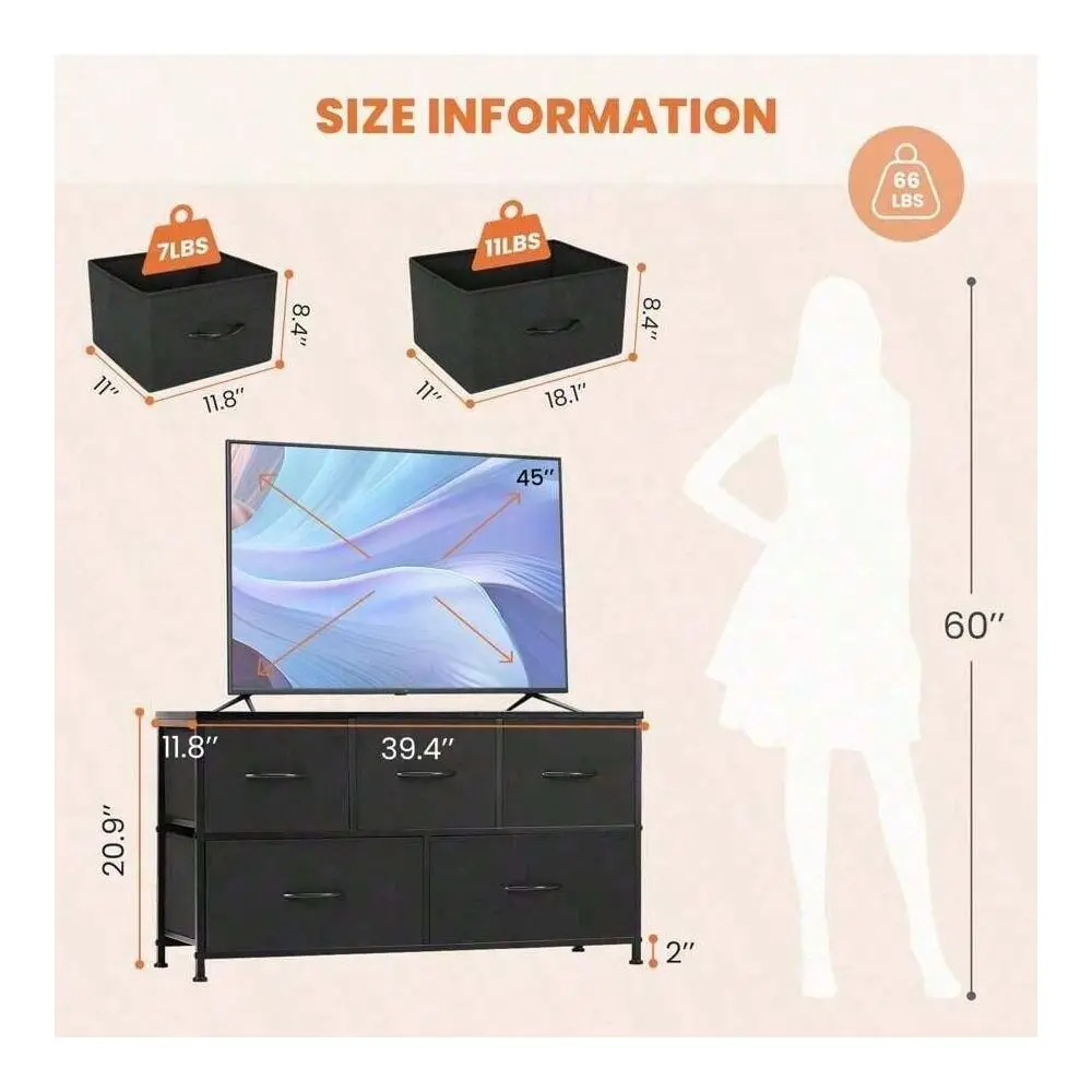 

5 Dresser Chest Bedroom, Metal Frame And Wood Top TV Stand Up To 40 Inch With Fabric Storage Drawer Units Living Room