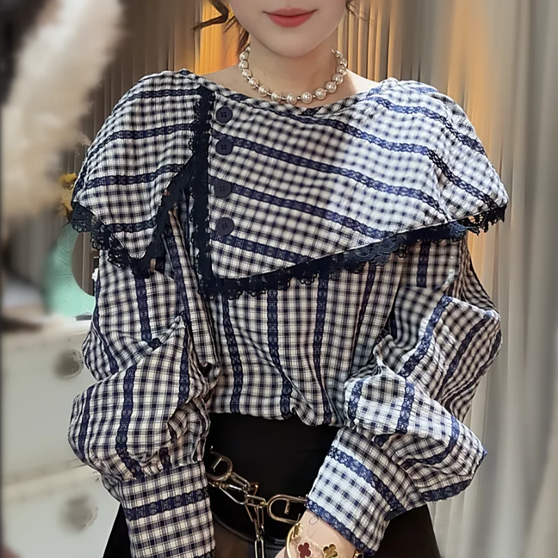 

New Runway Ruffles Plaid Print Shirts Blouses Long Lantern Sleeve Women Designer Big Collar Shirts Lace Blouses Tops NZ70