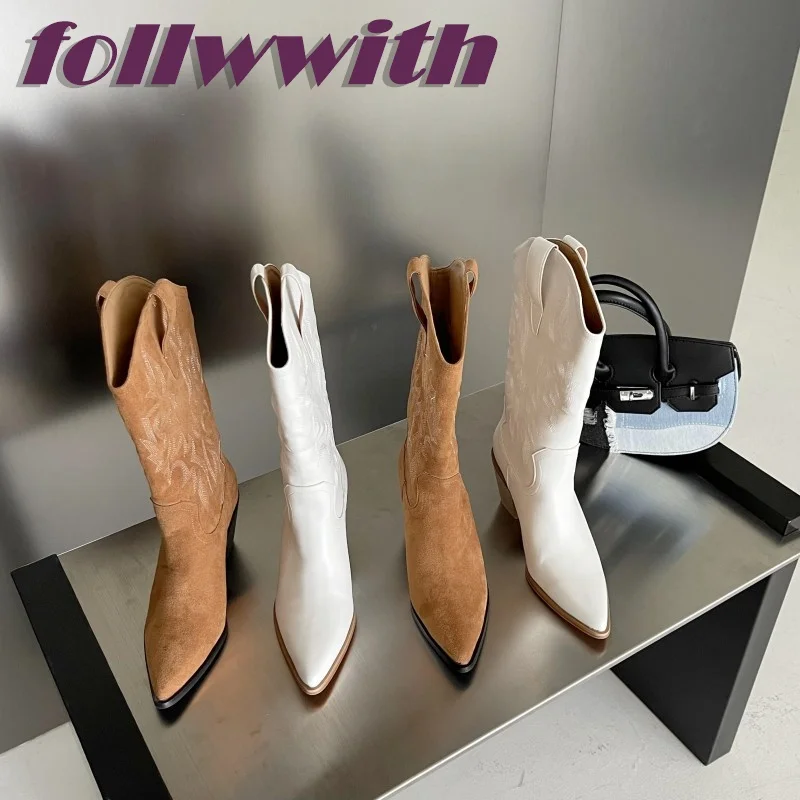 Ethnic Embroidery Pointed Toe Chunky Heel Western Boots Mid Calf Female Rider Long New Arrival Fashion Ladies Shoes