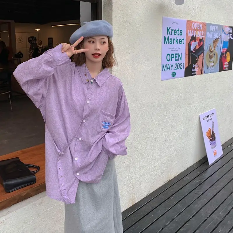

2025 New Lazy Style Loose Women's Purple Long Sleeve Shirt Fashionable Slimming Casual Outerwear for Petite Girls