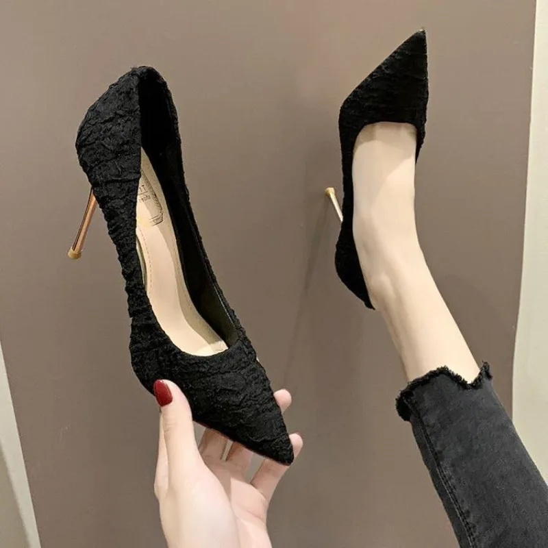 Spring 2024 New Korean Version of High Heels 9 CM Women All-match  Pointed Shallow Stiletto Black White Single Shoes Women Heels