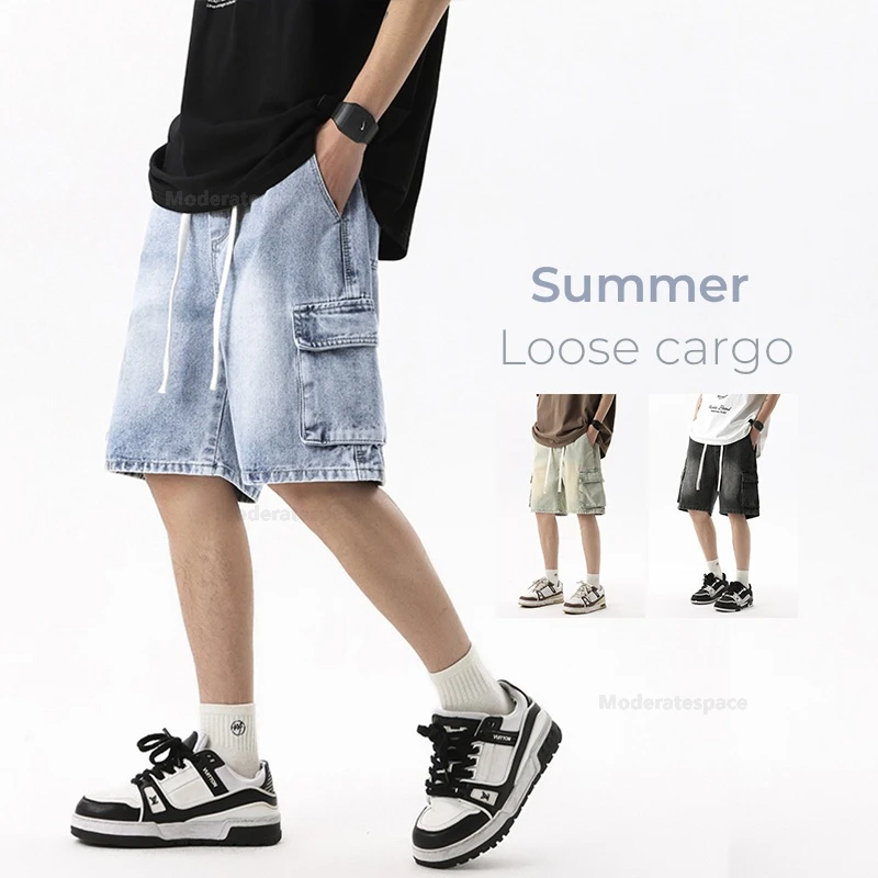 Summer Cargo Jeans Men Pockets Denim Shorts Elastic Waist Loose Straight High Street Wide Knee-length Short Pants